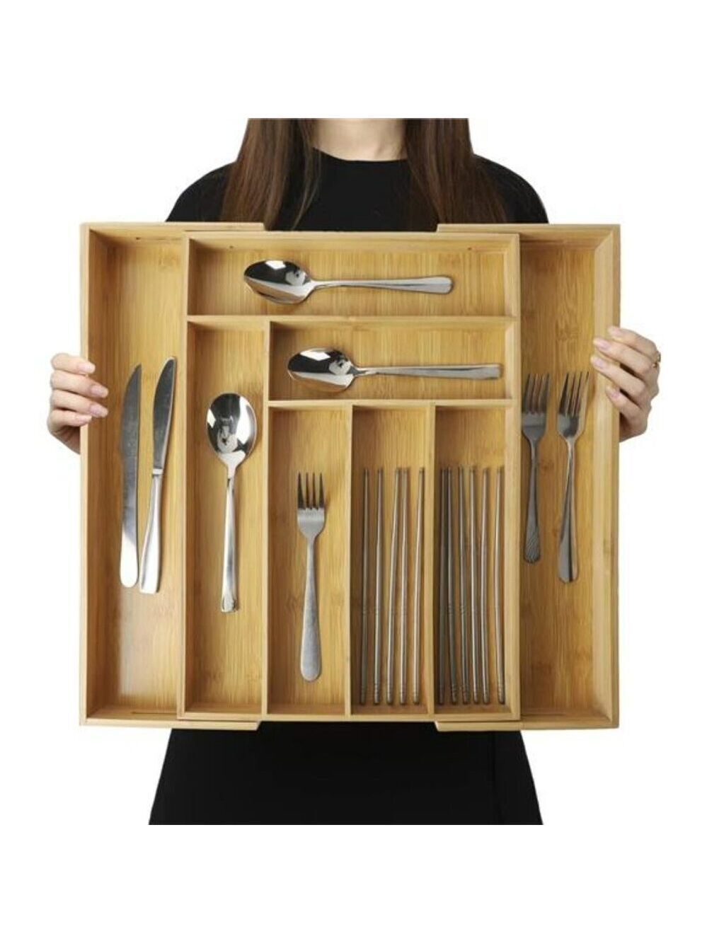 Expandable Bamboo Drawer Organizer Adjustable Utensil Cutlery Storage Tray